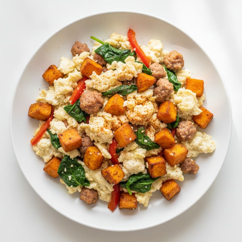 Sweet Potato Egg White Scramble with Turkey Sausage
