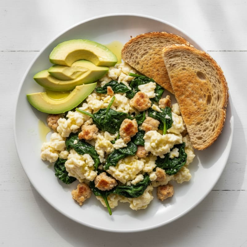 Egg White Scramble with Turkey Sausage and Sautéed Spinach