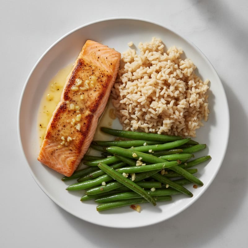 Seared Salmon with Garlic Green Beans and Brown Rice