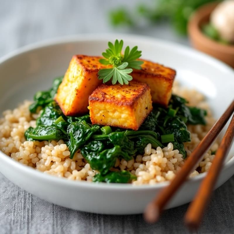 Crispy Garlic Ginger Tofu with Sautéed Greens and Brown Rice