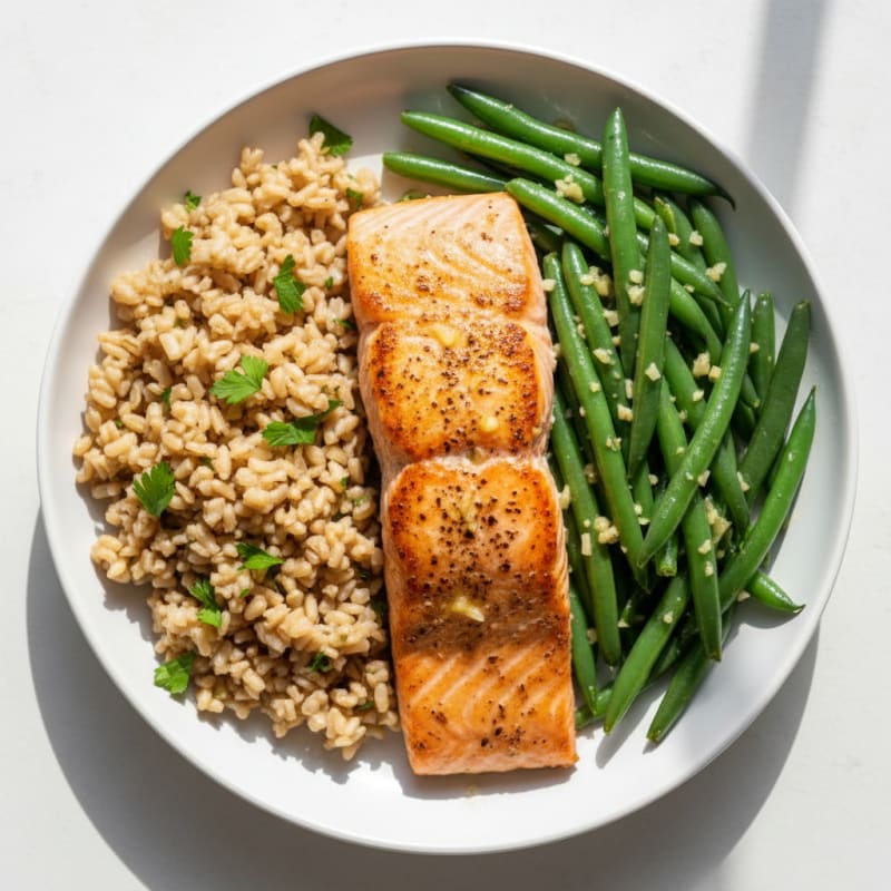 Seared Salmon with Garlic Green Beans and Herbed Brown Rice
