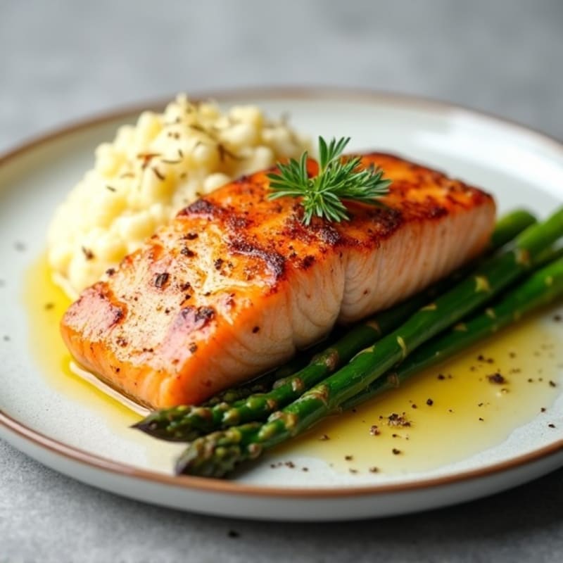 Seared Salmon with Steamed Asparagus and Garlic Cauliflower Mash
