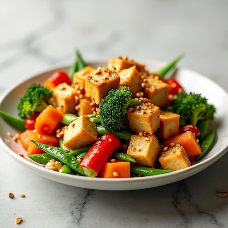 Crispy Sesame-Ginger Tofu with Rainbow Vegetables