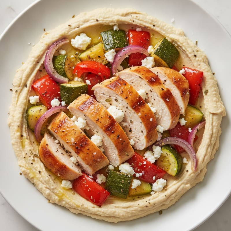 Mediterranean Hummus Platter with Roasted Chicken and Vegetables
