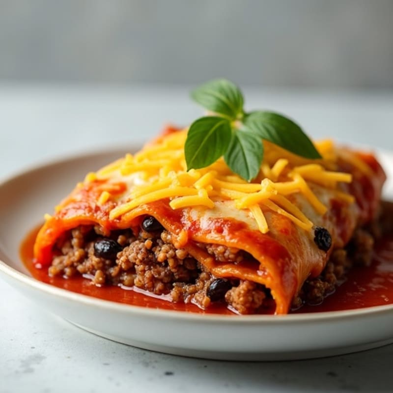 Lightly Cheesy Lean Ground Beef and Black Bean Enchilada Bake