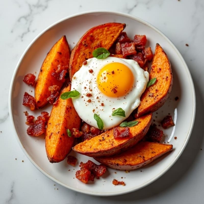 Crispy Sweet Potato Wedges with Turkey Bacon Crumbles