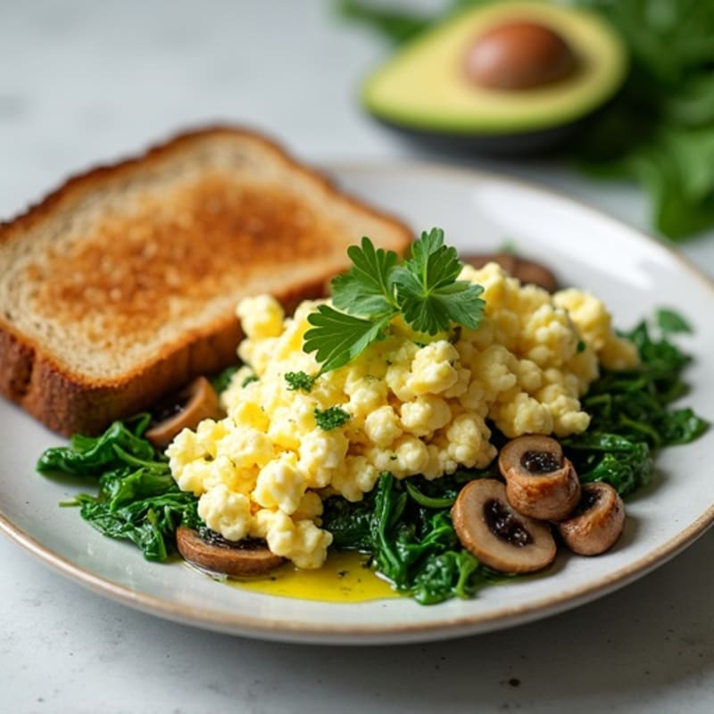 Egg White Spinach Scramble with Cottage Cheese and Sautéed Mushrooms