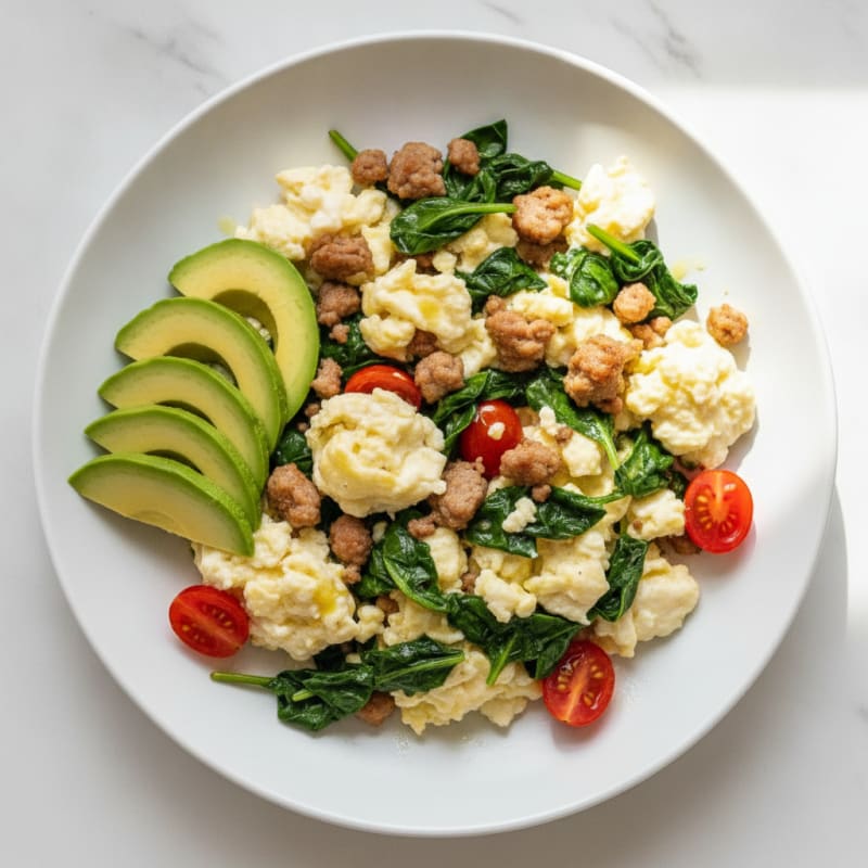 Egg White Scramble with Turkey Sausage and Sautéed Spinach