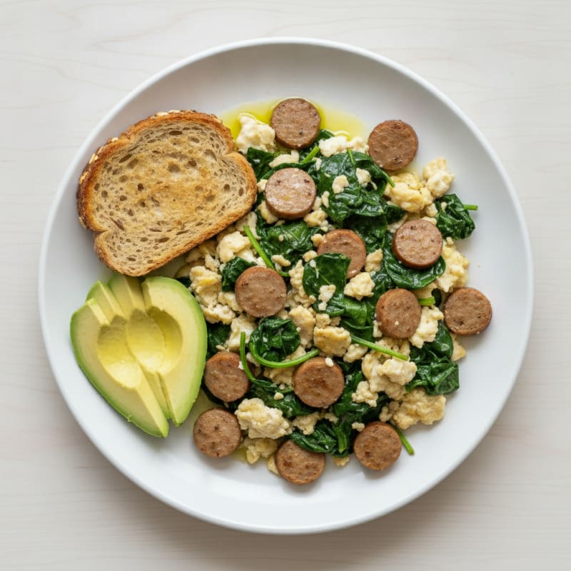 Egg White and Turkey Sausage Scramble with Sautéed Spinach