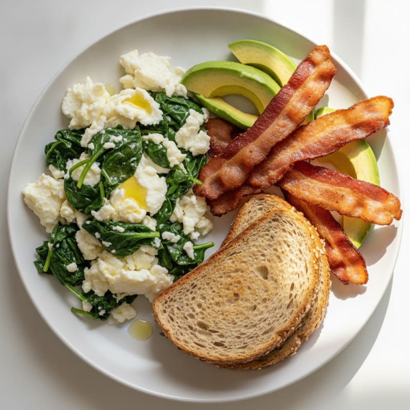 Crispy Turkey Bacon and Egg White Scramble with Spinach