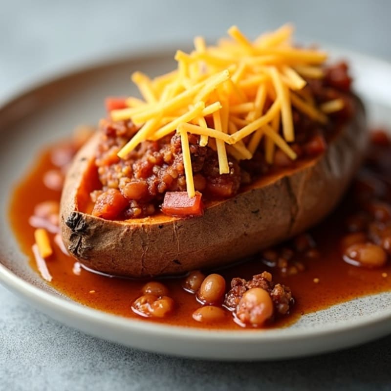 Crispy Baked Sweet Potato with Hearty Chili and Melty Cheddar