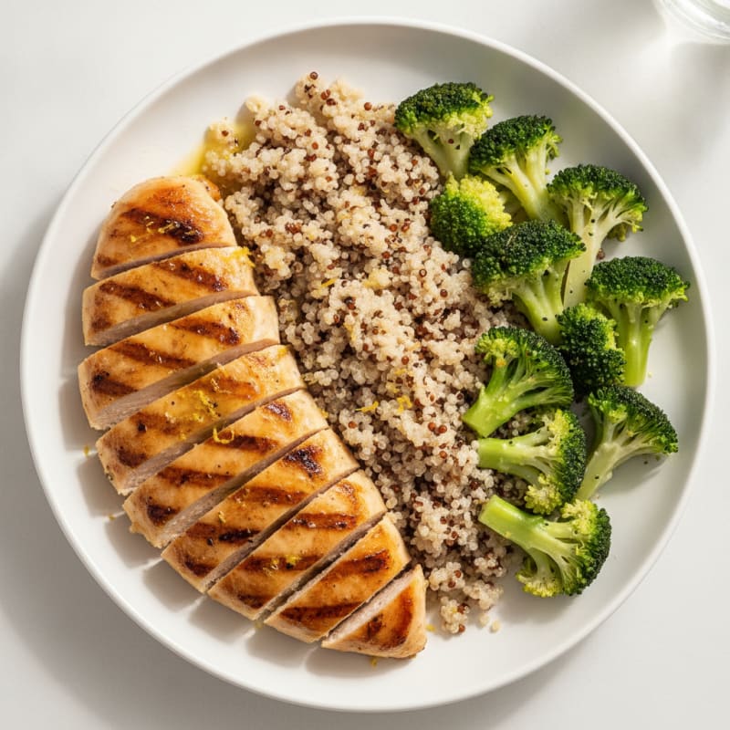 Grilled Chicken Breast with Steamed Broccoli and Quinoa