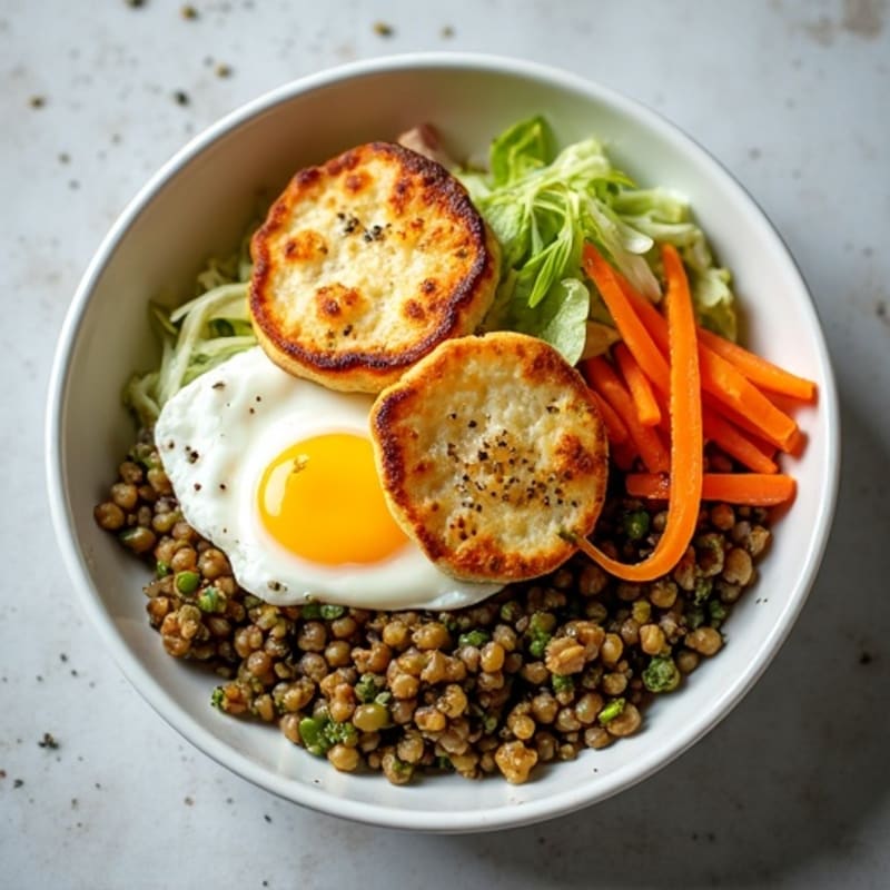 Lentil and Quinoa Power Bowl with Grilled Halloumi and Crunchy Cabbage Slaw