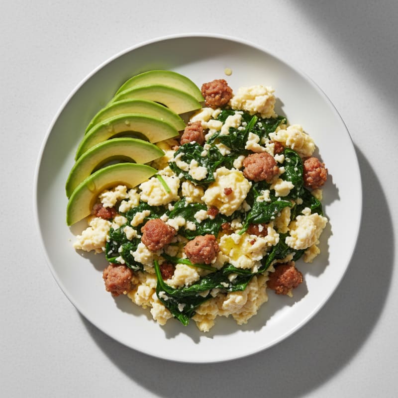 Scrambled Egg Whites with Turkey Sausage and Sautéed Spinach