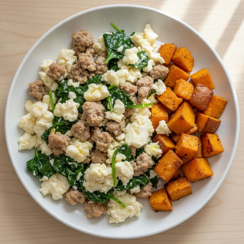 Egg White and Turkey Sausage Scramble with Spinach and Roasted Sweet Potato