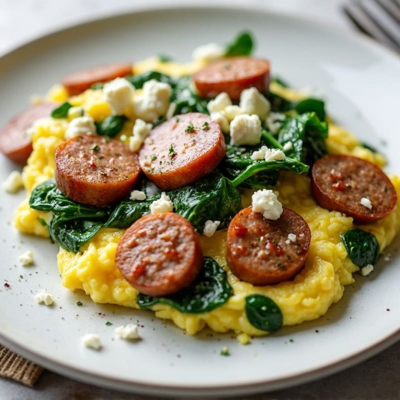 Egg White and Turkey Sausage Scramble with Sautéed Spinach
