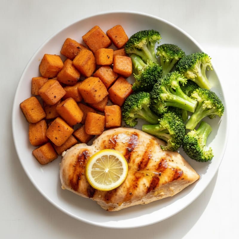 Grilled Chicken Breast with Roasted Sweet Potatoes and Steamed Broccoli