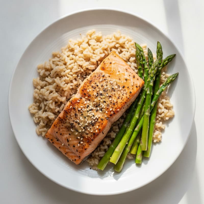Seared Salmon Fillet with Steamed Asparagus and Brown Rice