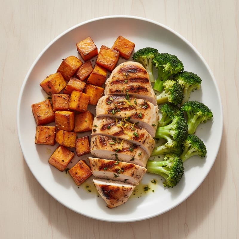 Grilled Chicken Breast with Roasted Sweet Potato and Steamed Broccoli
