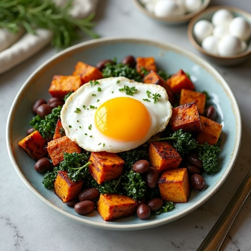 Crispy Sweet Potato and Kale Hash with Poached Eggs