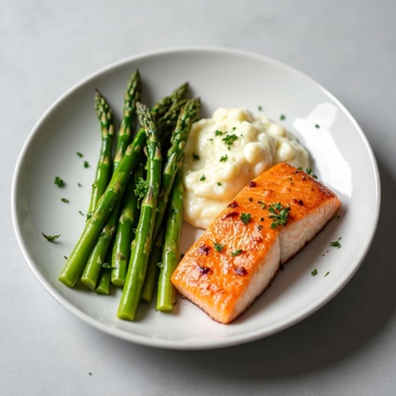 Seared Salmon with Steamed Asparagus and Garlic Cauliflower Mash