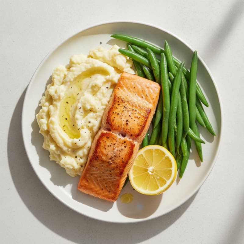 Seared Salmon with Steamed Green Beans and Garlic Mashed Cauliflower