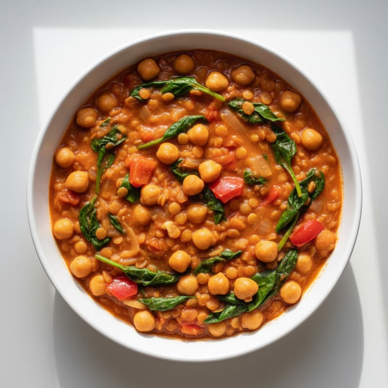 Creamy Lentil and Chickpea Stew with Spinach and Red Peppers