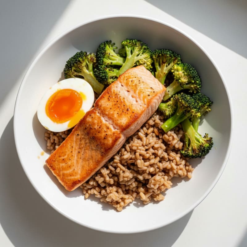 Seared Salmon Bowl with Brown Rice and Roasted Broccoli