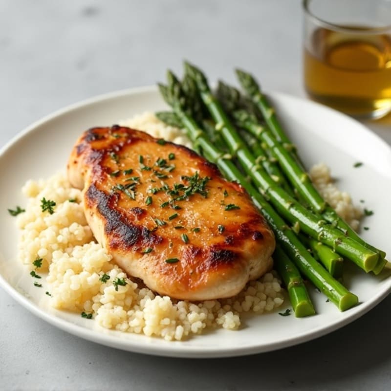 Garlic Ginger Seared Turkey Breast with Cauliflower Rice and Steamed Asparagus