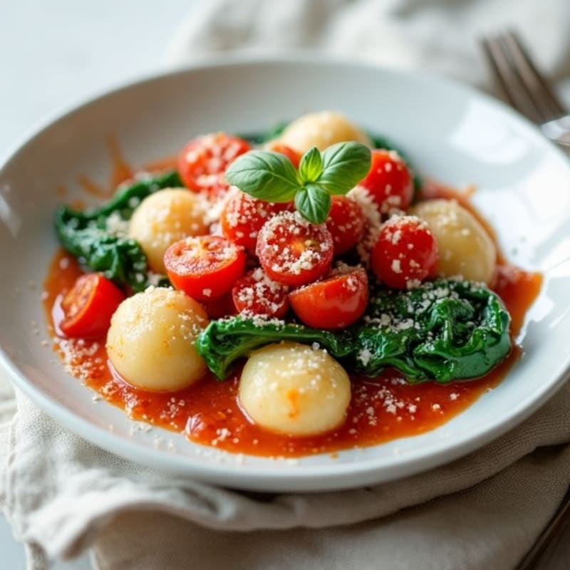 Creamy Ricotta Gnocchi with Fresh Tomato Basil Sauce and Sautéed Greens