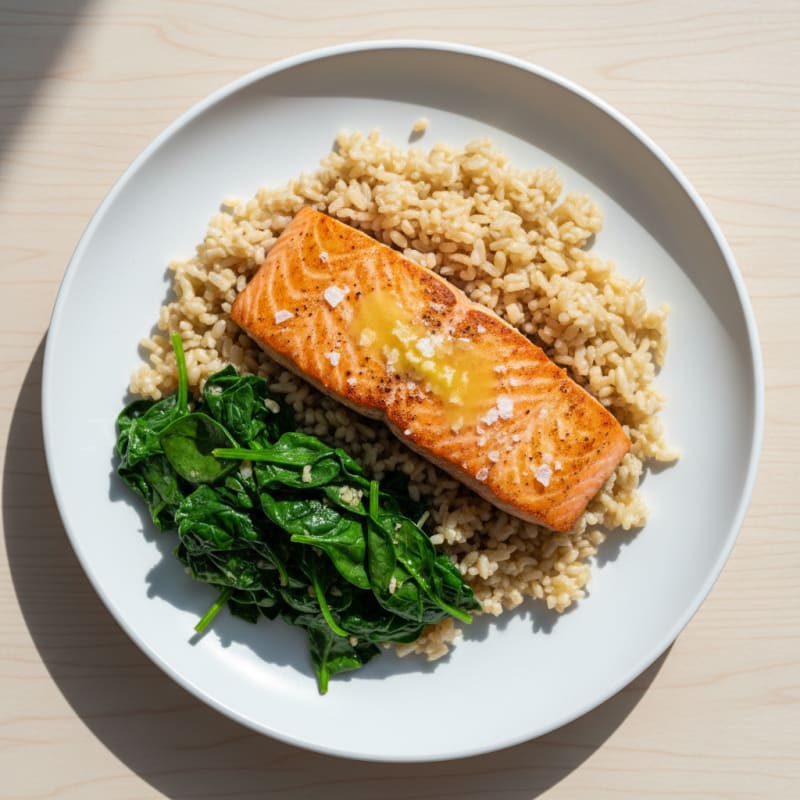 Seared Salmon with Brown Rice and Sautéed Spinach