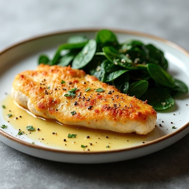 Crispy Lemon Garlic Pan-Seared Chicken Breast with Sautéed Spinach