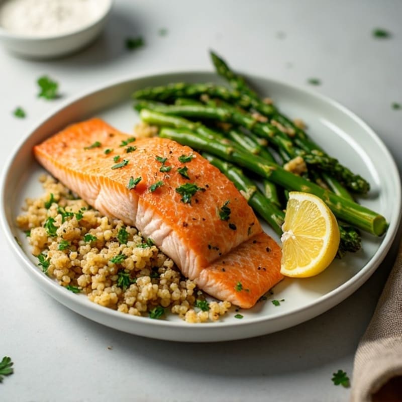 Lemon Herb Roasted Salmon with Quinoa and Roasted Asparagus