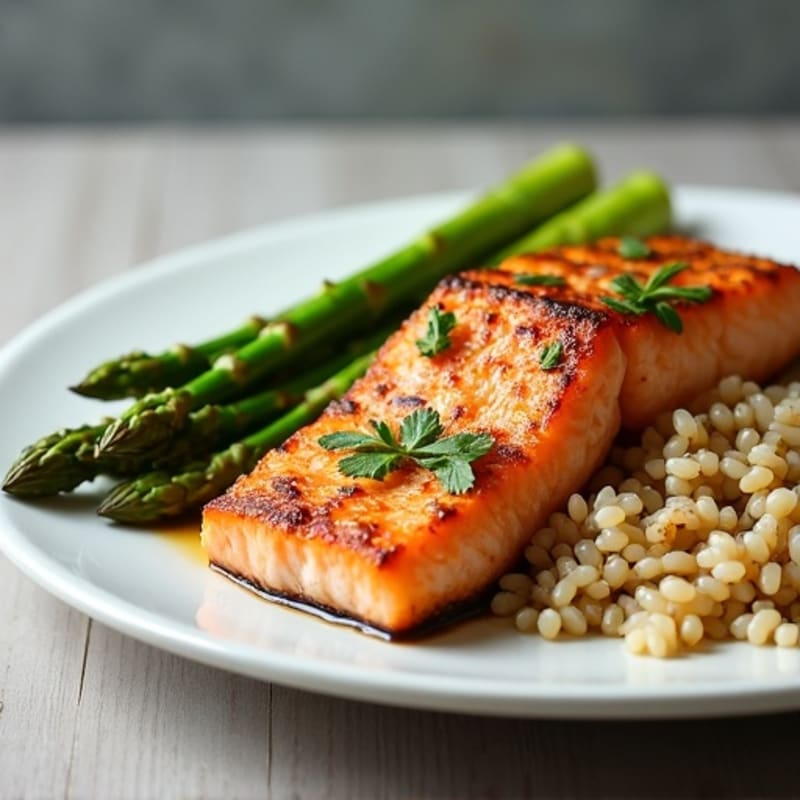 Seared Salmon with Steamed Asparagus and Brown Rice