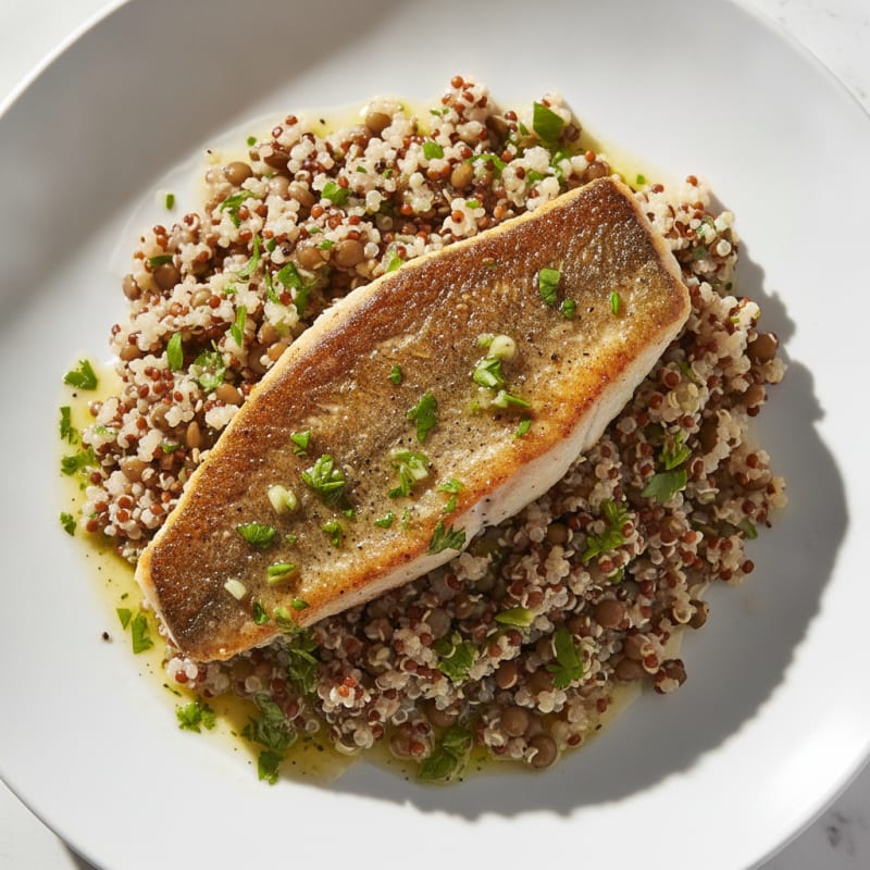 Pan-Seared Sea Bass with Lemon-Herb Quinoa and Lentils