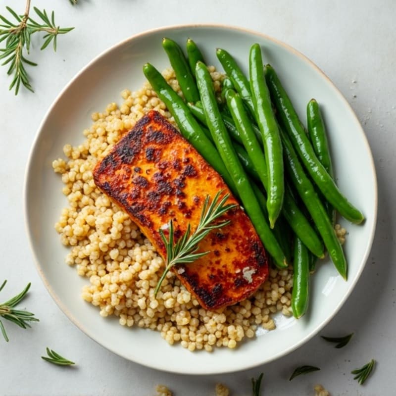 Herb-Roasted Tempeh with Garlic Green Beans and Quinoa