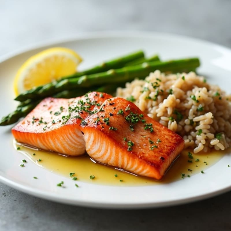 Seared Salmon with Steamed Asparagus and Wild Rice