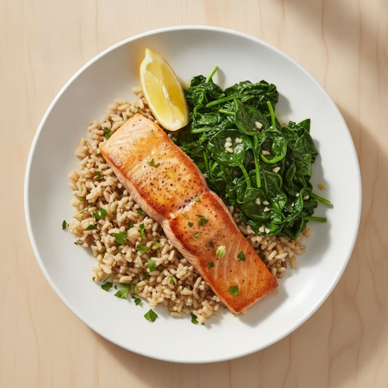 Seared Salmon with Garlic Spinach and Herb Rice