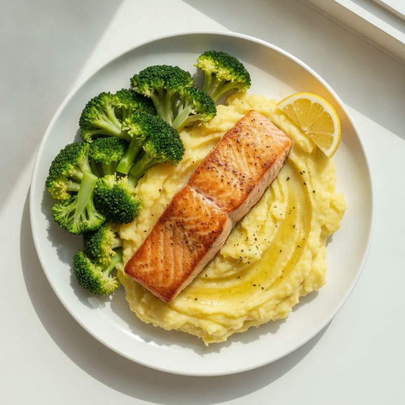 Seared Salmon with Steamed Broccoli and Garlic Mashed Potatoes