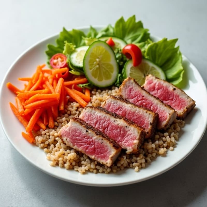 Fresh Tuna with Ginger-Sesame Brown Rice and Crunchy Vegetables