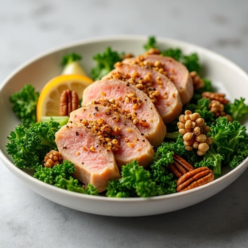Fresh Flaked Tuna and Kale Salad with Crunchy Walnuts, Pecans, Celery, and Apple