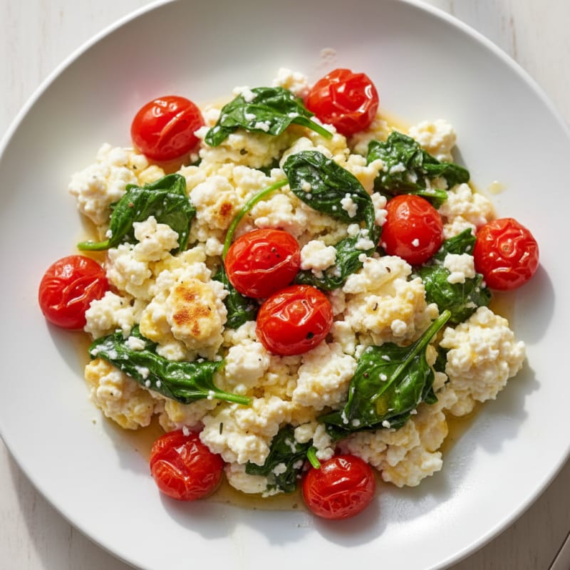 Cottage Cheese Egg Scramble with Sautéed Spinach and Tomatoes