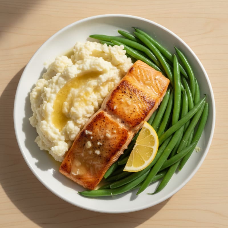 Seared Salmon with Steamed Green Beans and Garlic Mashed Cauliflower