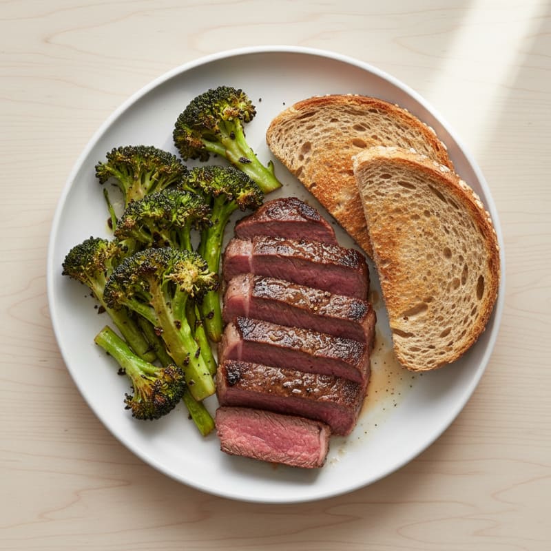 Seared Lean Beef with Roasted Broccoli and Toast