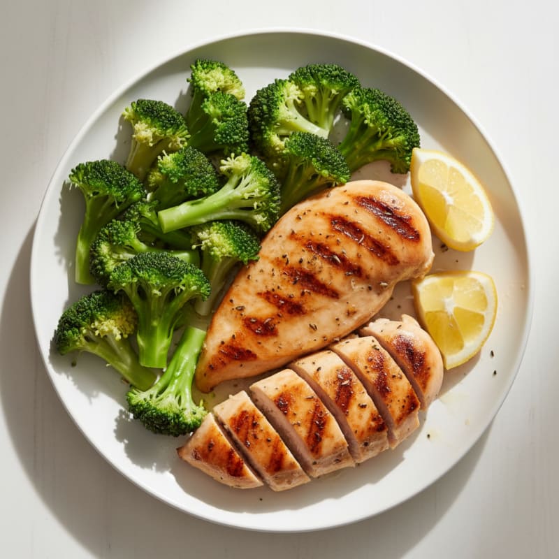 Grilled Chicken Breast with Steamed Broccoli and Lemon
