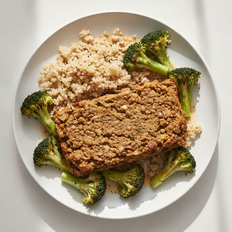 Lentil Walnut Loaf with Roasted Broccoli and Quinoa