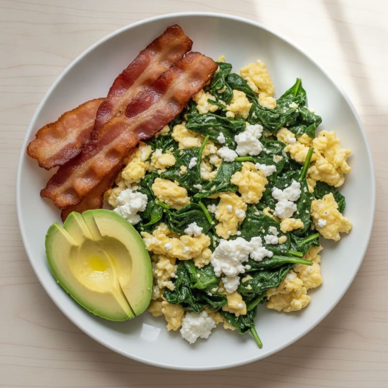 Cottage Cheese Scramble with Spinach and Turkey Bacon