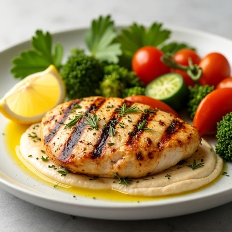 Grilled Lemon Herb Chicken with Creamy Hummus and Fresh Vegetables
