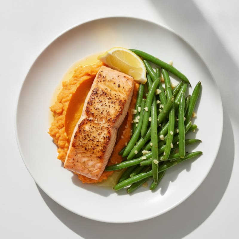 Seared Salmon with Garlic Green Beans and Sweet Potato Mash