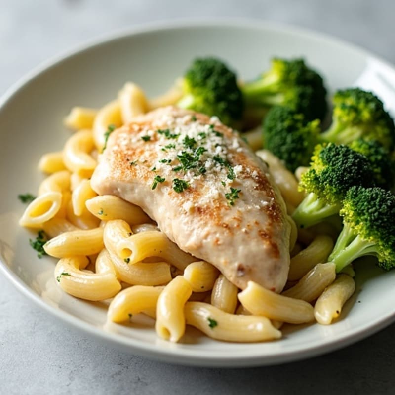 Healthy Creamy Chicken Alfredo with Roasted Broccoli